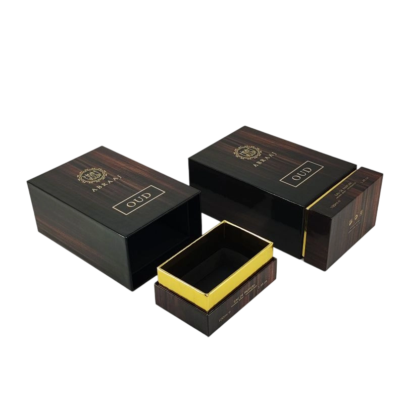 Handcrafted Rigid Perfume Box Packaging with Gold Foil Detailing and EVA Foam Insert HP019